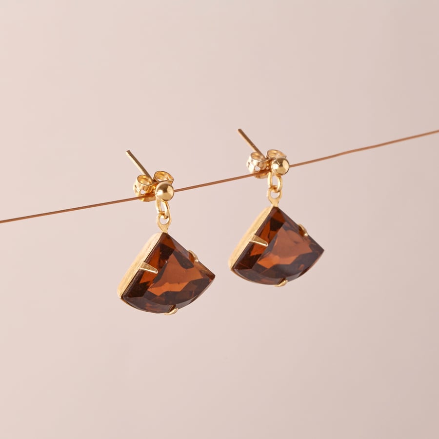 Vintage Crystal Dangling Earrings - Brown Topaz drop earring - Amber earrings