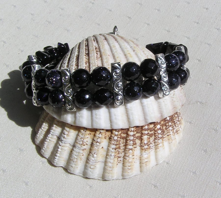 Blue Goldstone Gemstone Beaded Bracelet "Blue Knight"