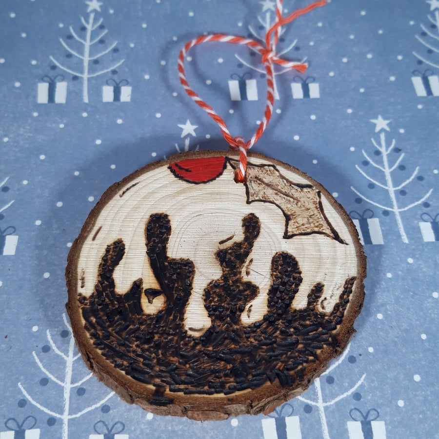 Hand Burned Tree Decoration - Figgy Pudding, Christmas Pudding