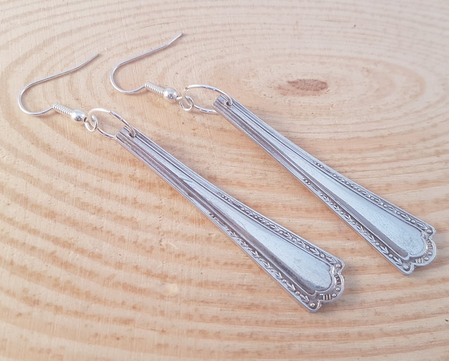 Upcycled Silver Plated Dot and Leaf Sugar Tong Handle Drop Earrings SPE051847