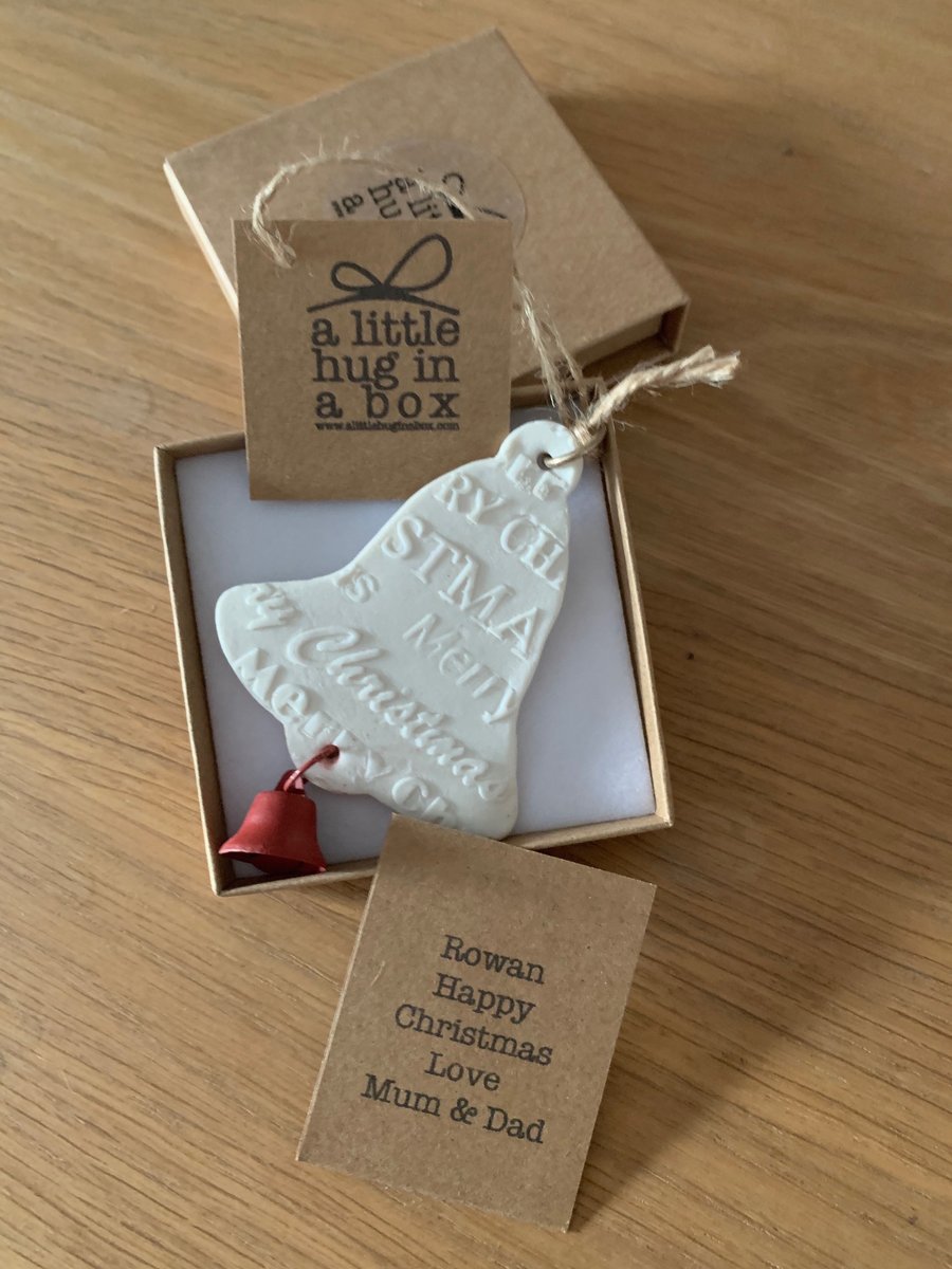 A little hug in a box porcelain bell with red bell Christmas decoration