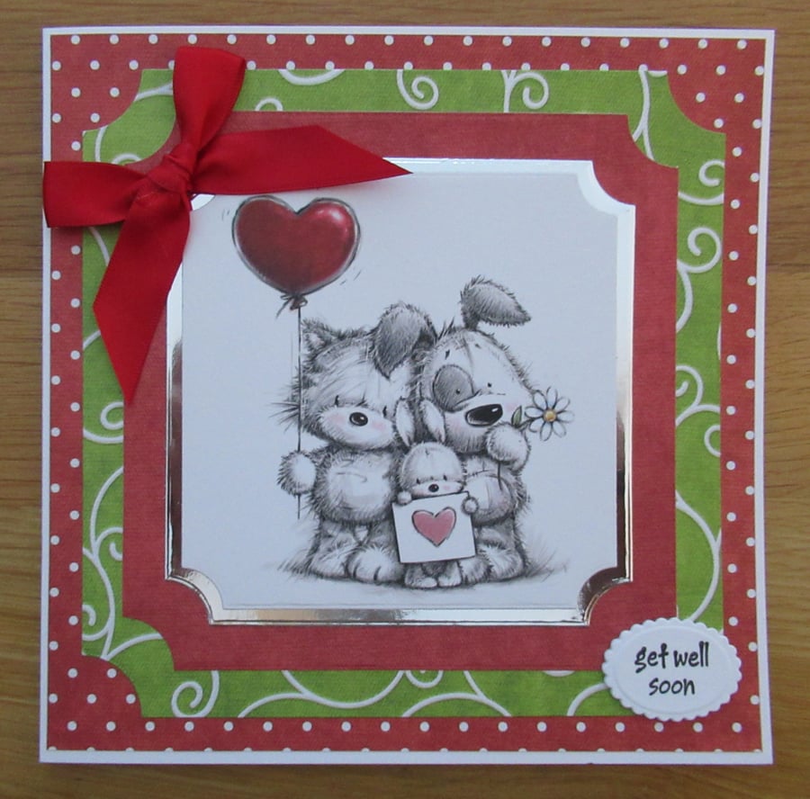 Cute Animals With Heart Balloon - 7x7" Get Well Soon Card