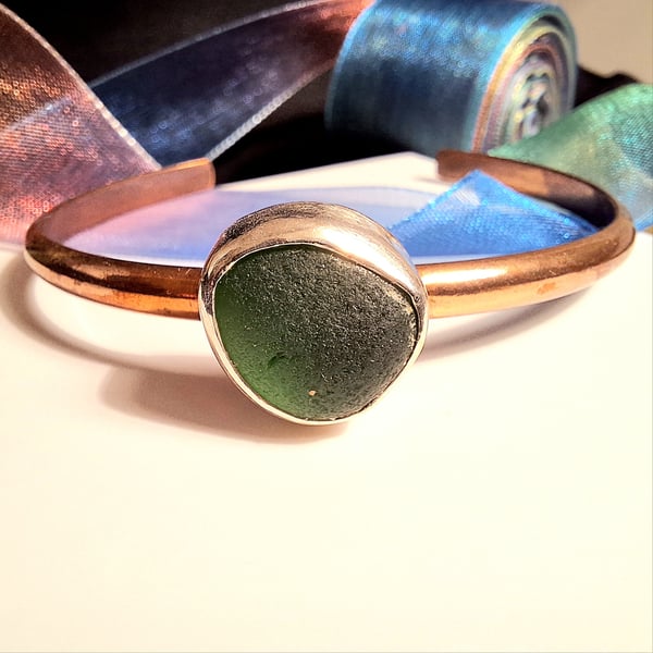 Green Seaglass, Silver and Copper Bangle