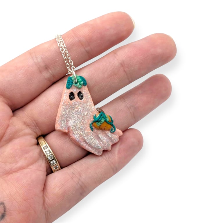 Pink Ghost Necklace, Halloween Jewellery, Gift For Her, Pumpkin Ghost Pendant