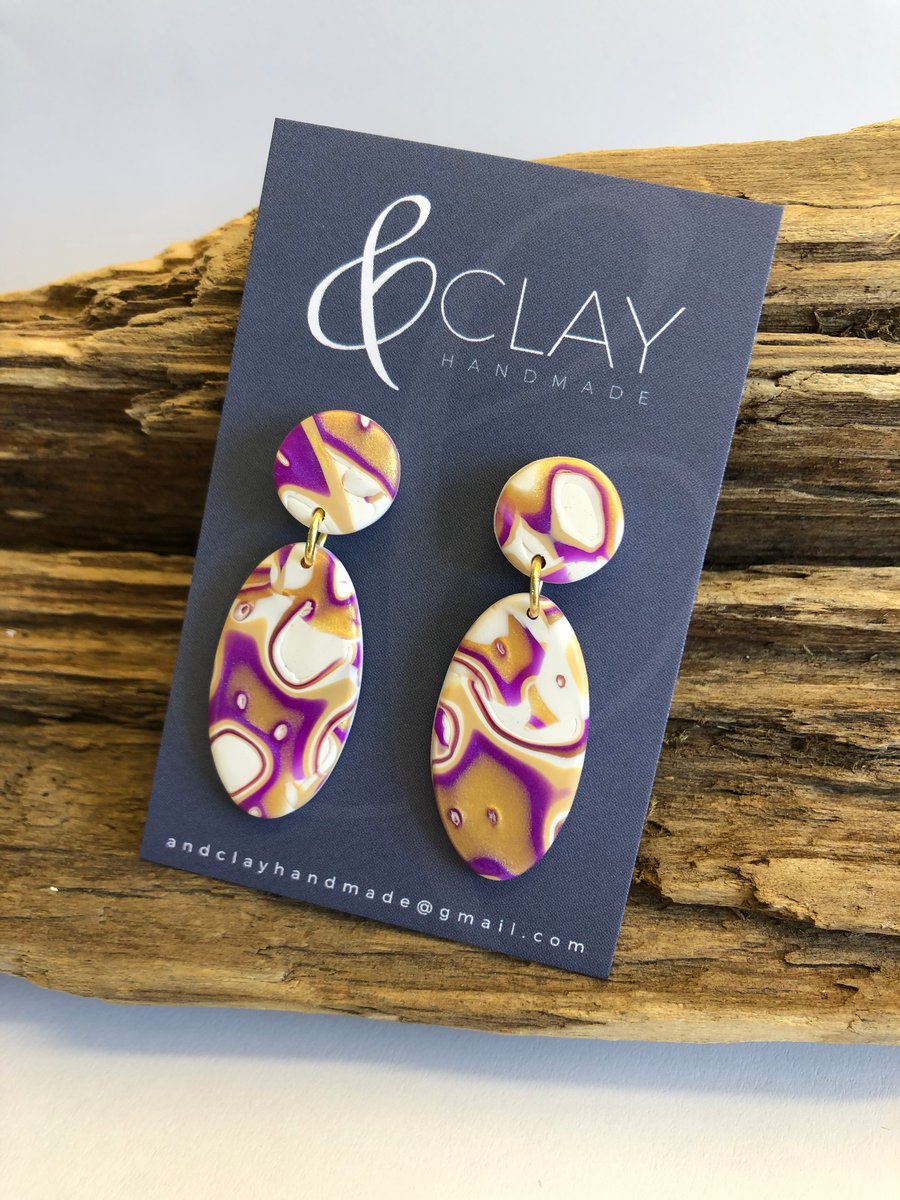 Purple,Gold and White Oval Mokume Gane Polymer Clay Earrings