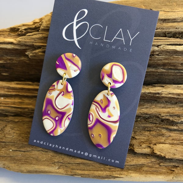Purple,Gold and White Oval Mokume Gane Polymer Clay Earrings