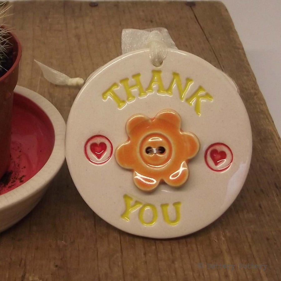 Ceramic Thank You decoration with flower button