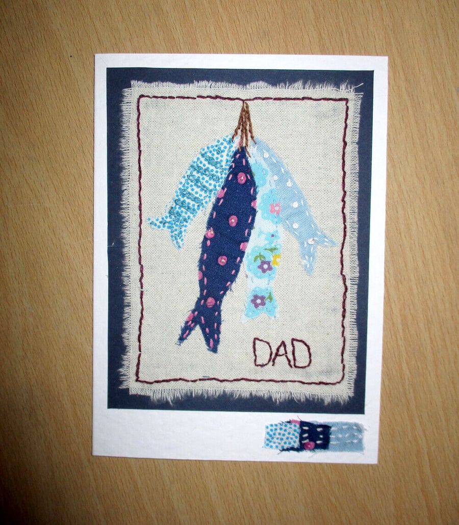 Fishing Card for Dad - Hand-Stitched - Fabric Card - Textile Card - Blank Card