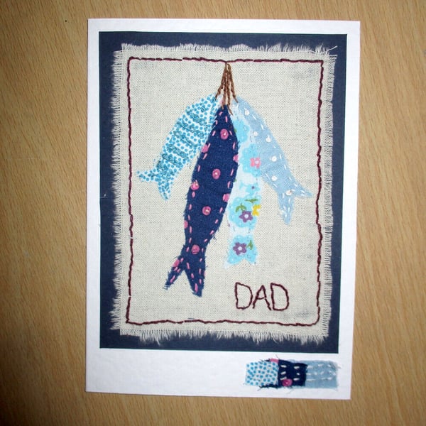 Fishing Card for Dad - Hand-Stitched - Fabric Card - Textile Card - Blank Card
