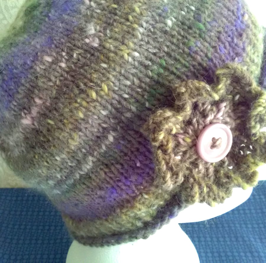 Handknit Noro single flowered Hat. Wool & Angora muted heathers