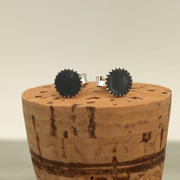 Sterling Silver Hand Enamelled Stud Earrings. Dark grey stud earrings. 