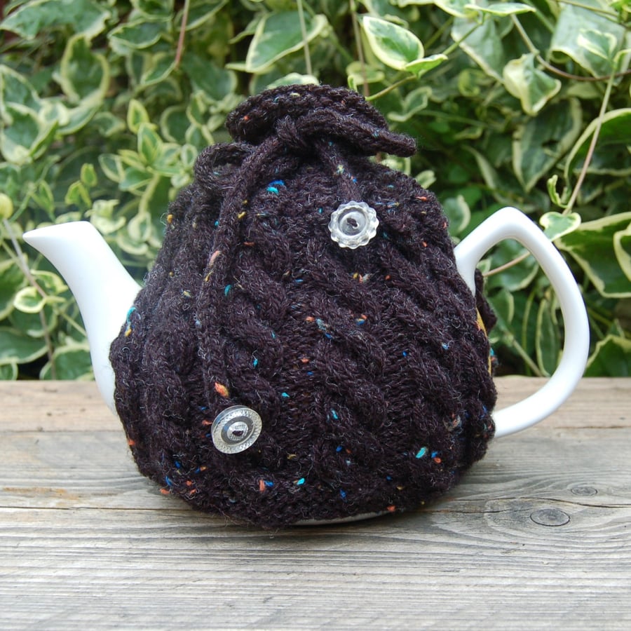 Large tea cosy cable design in black hand knitted tea cosy black tea cosy