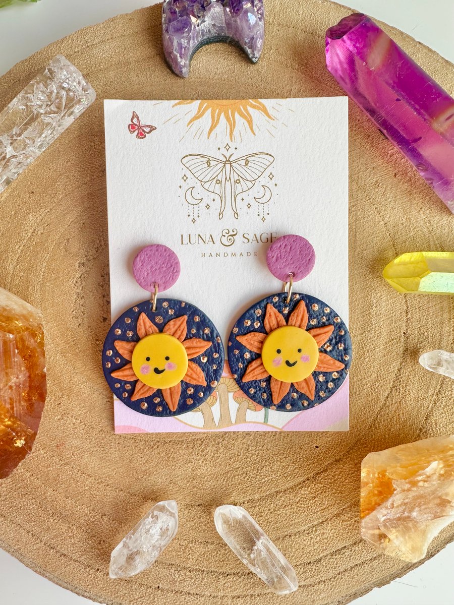 Sun Polymer Clay Earrings Happy Sunshine earrings Gold Plated Stainless Steel 