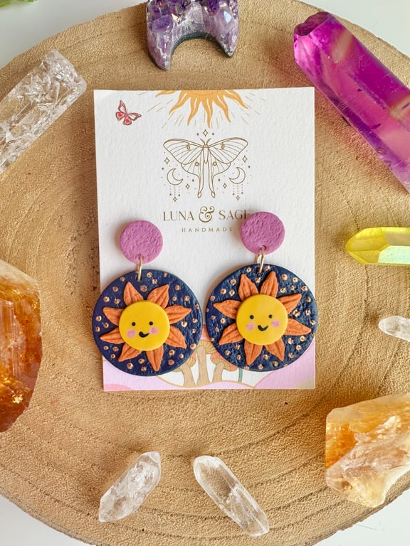 Sun Polymer Clay Earrings Happy Sunshine earrings Gold Plated Stainless Steel 