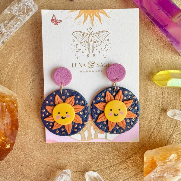 Sun Polymer Clay Earrings Happy Sunshine earrings Gold Plated Stainless Steel 
