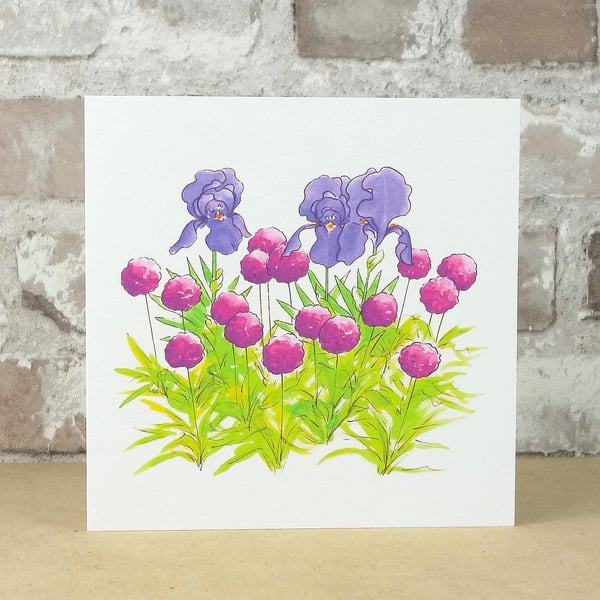 Blank Card Iris and Allium Garden Eco Friendly