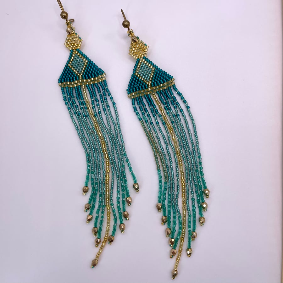 Azure & Gold chandelier fringe beaded drop earrings 