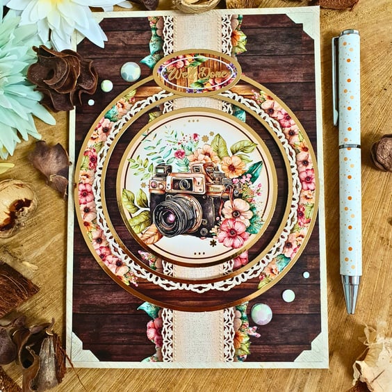 Well Done Vintage Style Card With A Photo Camera & Florals, Beige & Brown