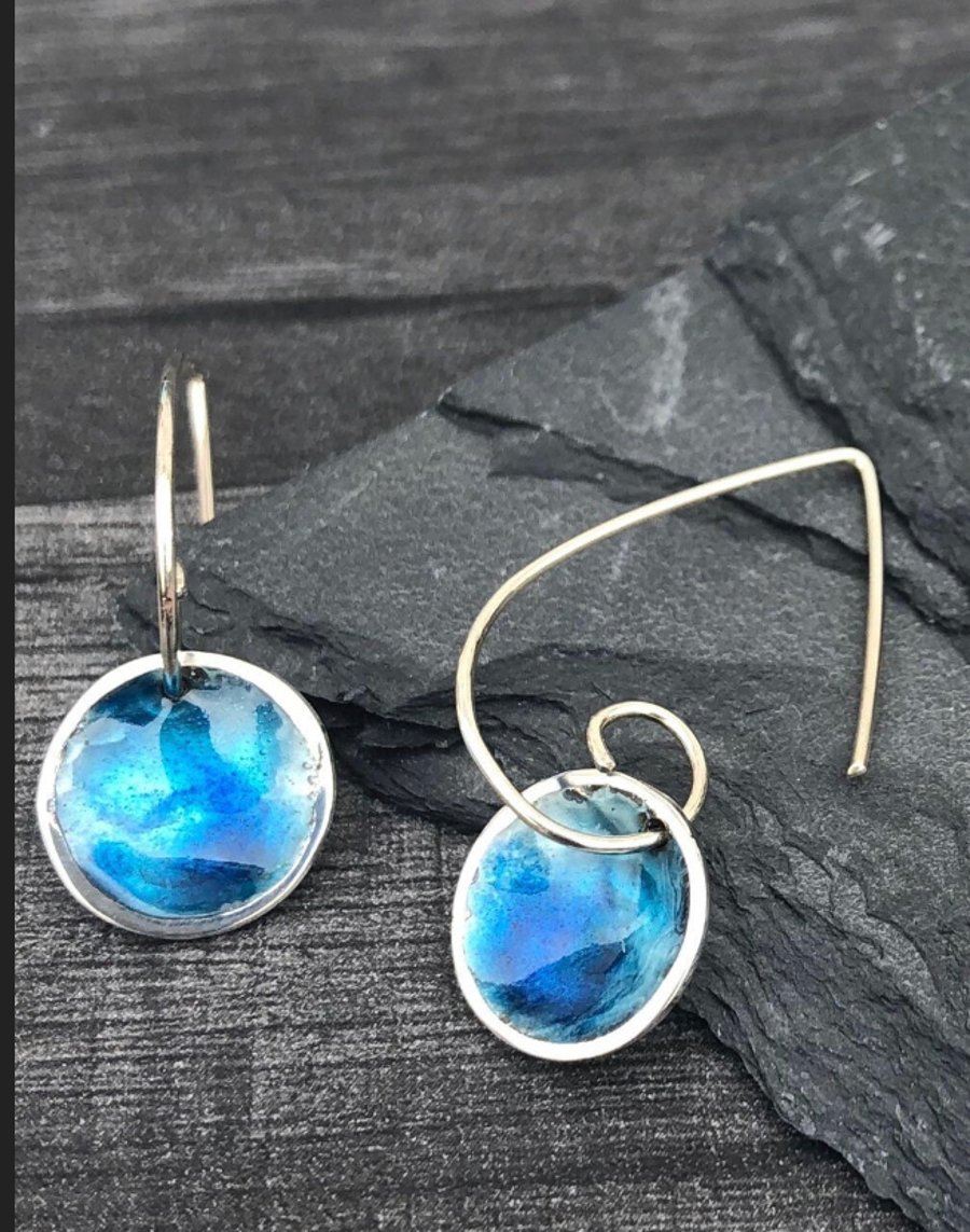 Blue Enamel Earrings, round blue earrings, enamel jewellery, enamel, 