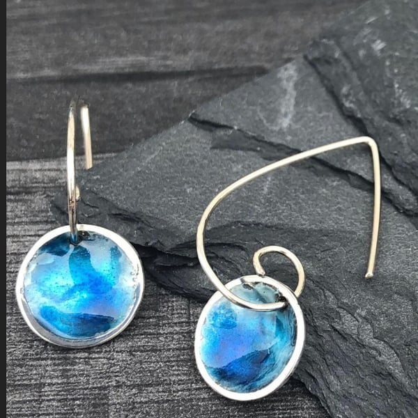 Blue Enamel Earrings, round blue earrings, enamel jewellery, jewellery gift, 