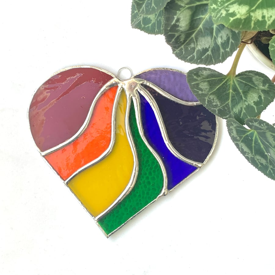 Stained Glass Large Wavy Heart Suncatcher - Multi Rainbow