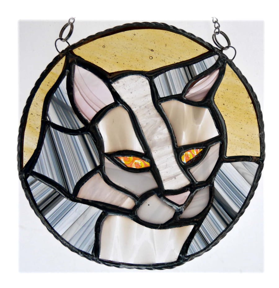 Cat Suncatcher Stained Glass Ring Grey White 019
