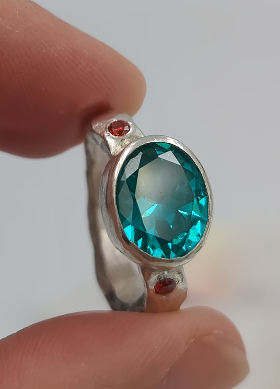 Hand-Forged Sterling Silver Ring with Oval Blue YAG Gemstone : Size L