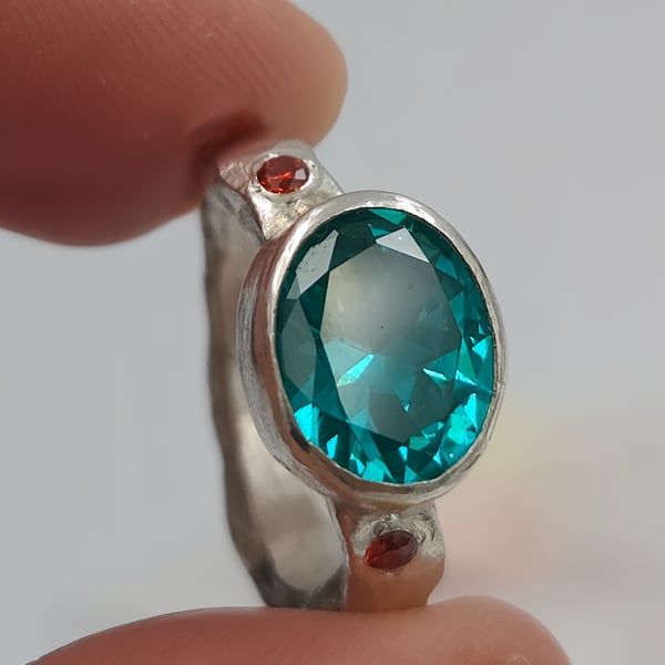 Hand-Forged Sterling Silver Ring with Oval Blue YAG Gemstone : Size L