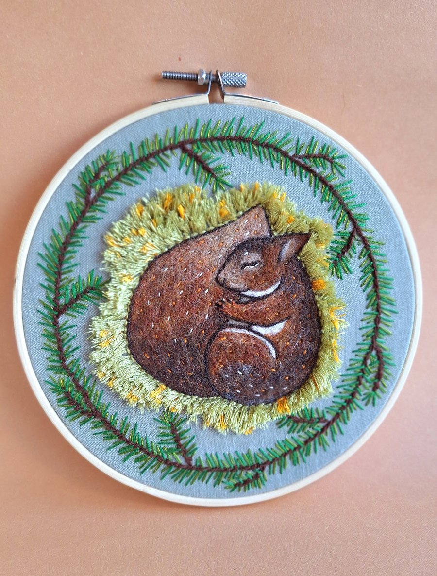 Sleepy Squirrel Embroidery Hoop
