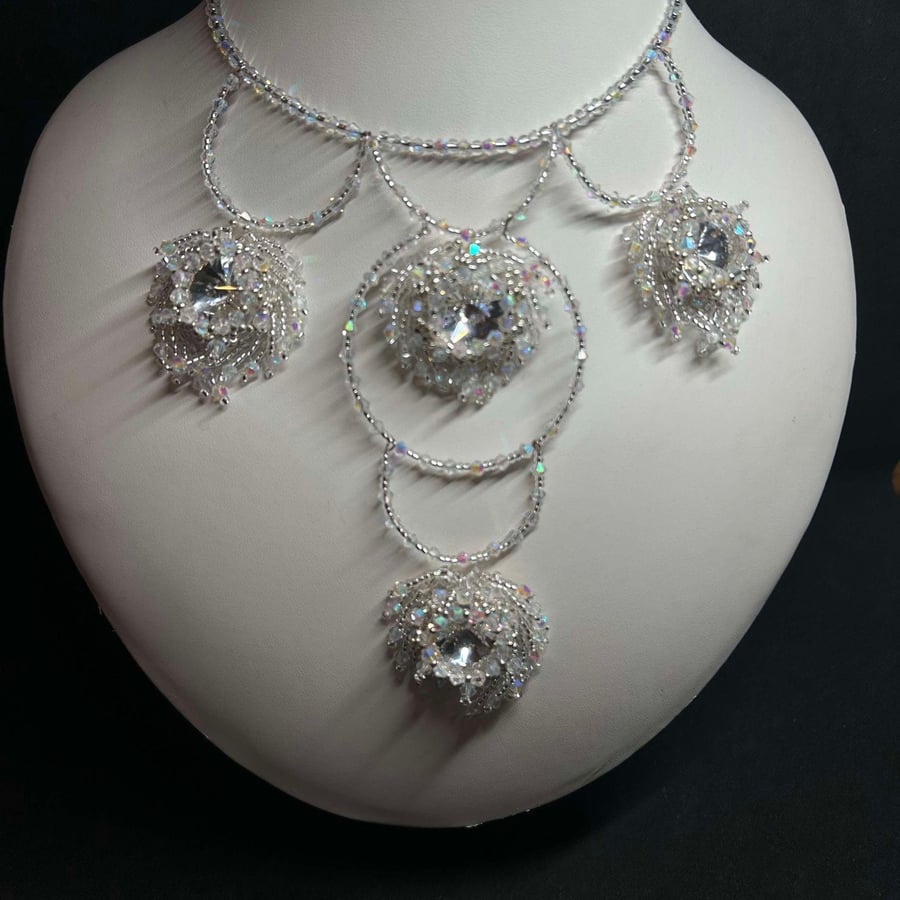 Ice Queen Crystal and Seed BEad handmade necklace and earrings set