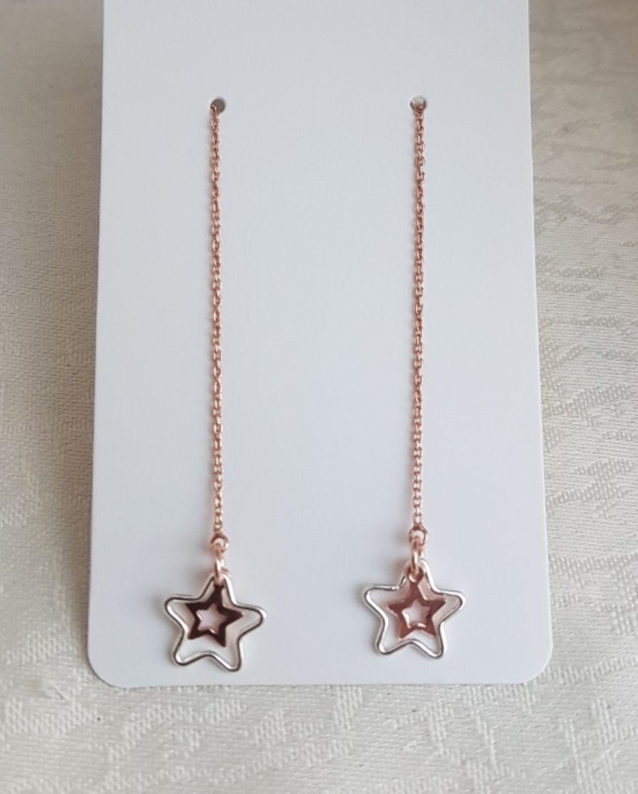 Gorgeous Rose Gold Plated Vermeil Star Threader Earrings with Silver Stars