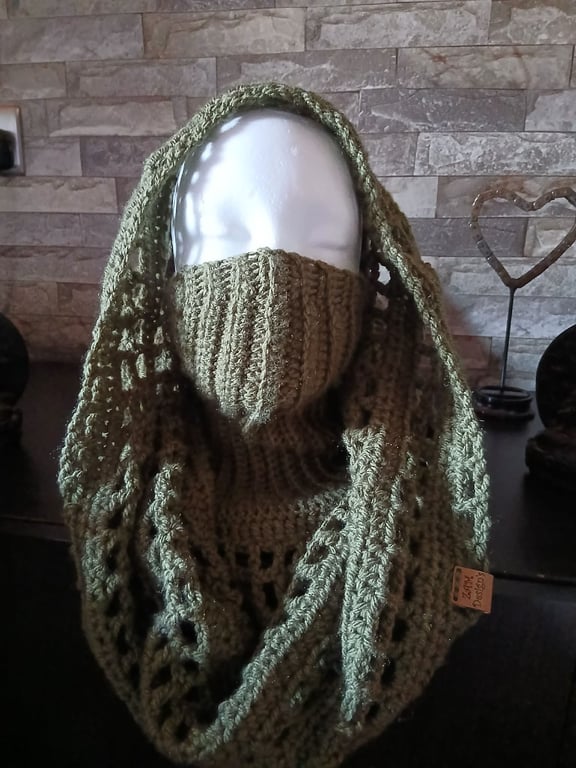 Crocheted Wasteland Hood Distressed Hooded Shawl Style Wrap - KHAKI