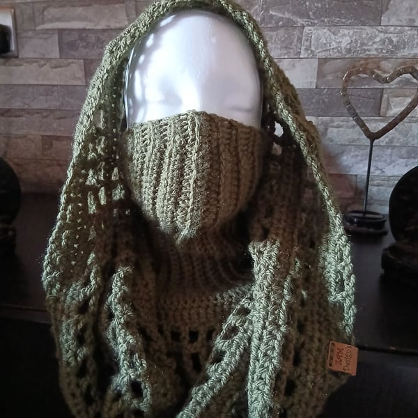 Crocheted Wasteland Hood Distressed Hooded Shawl Style Wrap - KHAKI