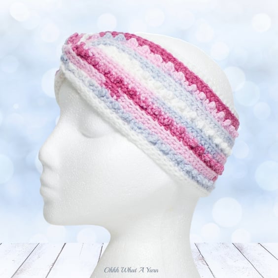 Crochet headband, ear warmer. Pink grey and white crochet twist ear warmer.