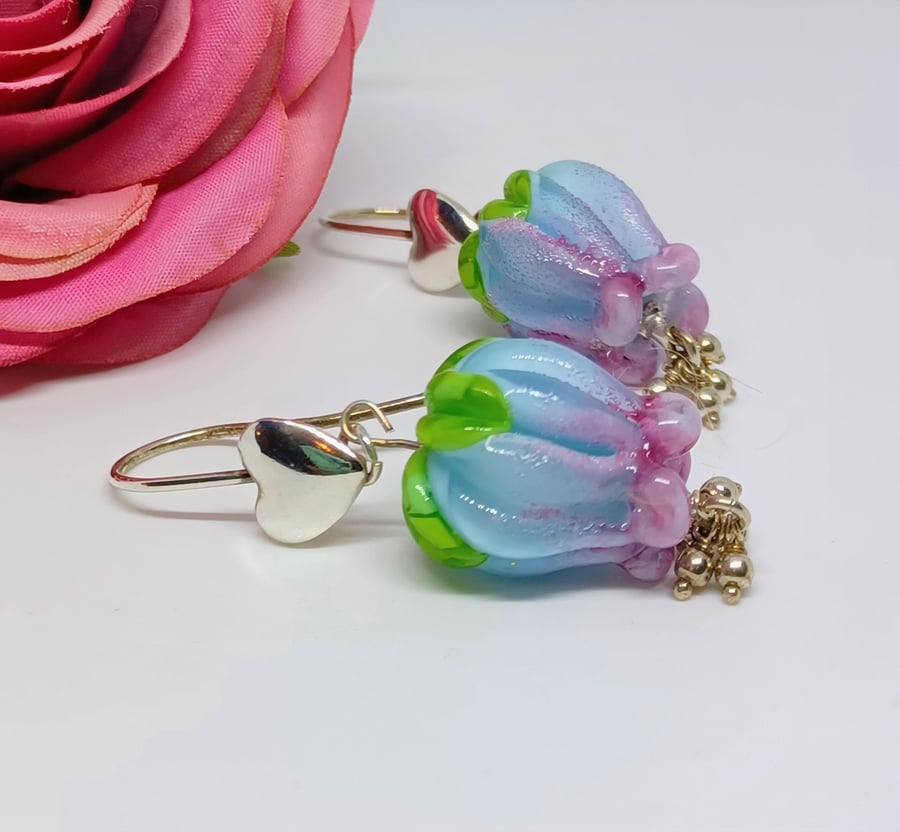 Lampwork Glass Rosebud Earrings with Sterling Silver Hearts and Dangles