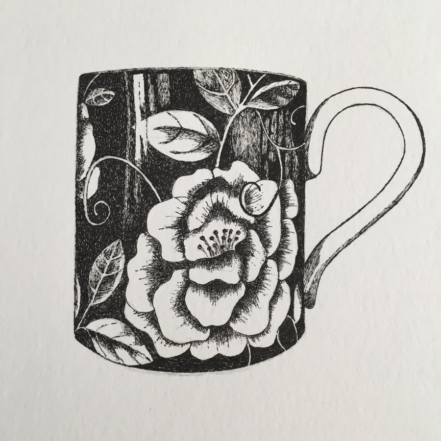 Floral mug original black ink drawing 