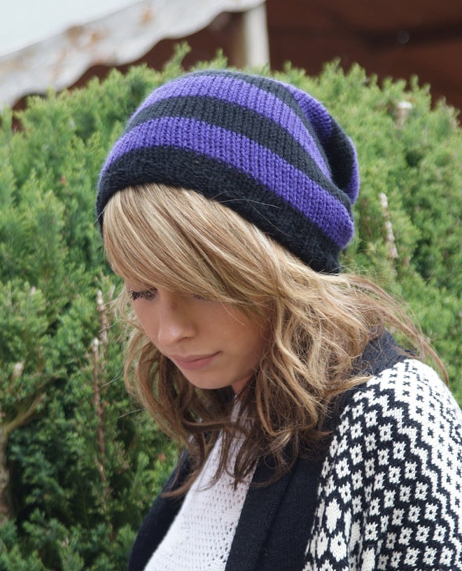 Purple and Black Stripey, Knitted, Slouchy, Slouchy Knit Beanie, Thick Dreads
