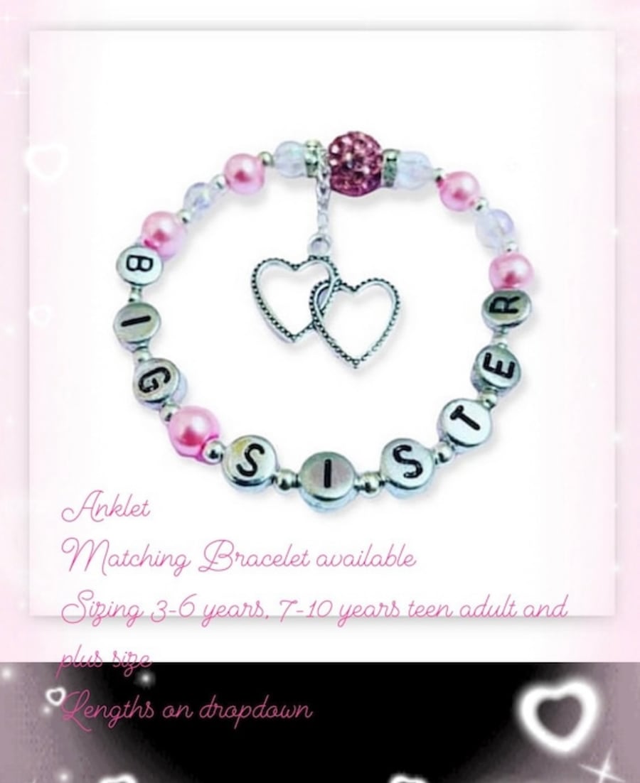 Stretch beaded big sister pink shamballa heart charm anklet gift for sibling 