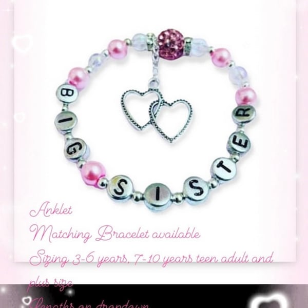 Stretch beaded big sister pink shamballa heart charm anklet gift for sibling 