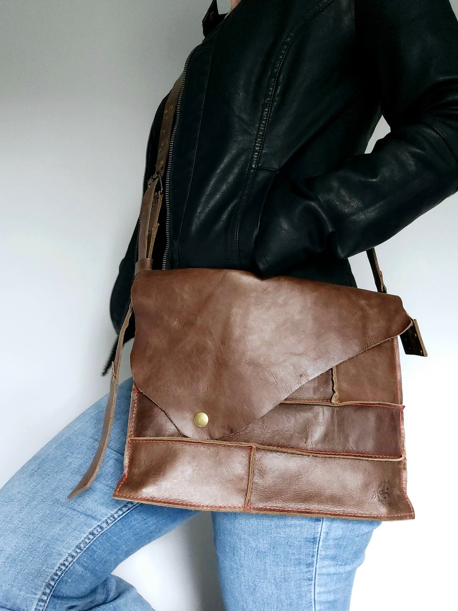 Leather Crossbody Bag with Denim Makeup Case Insert - Dark Brown Handmade