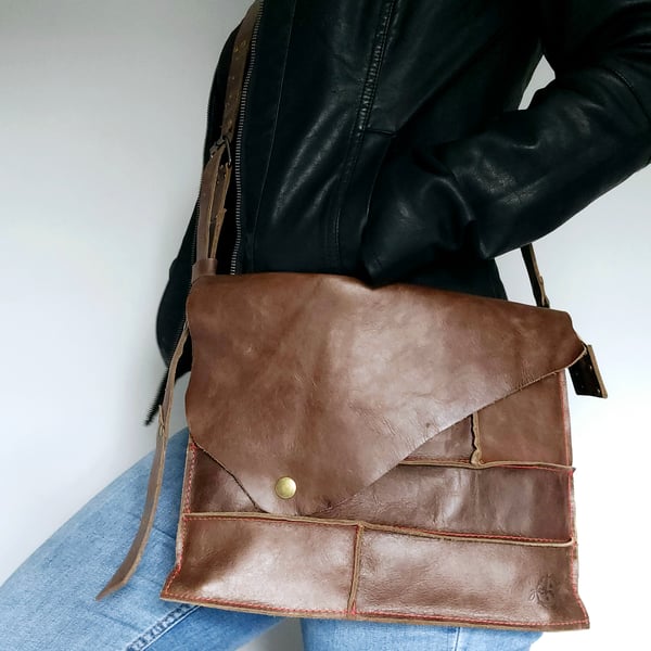 Leather Crossbody Bag with Denim Makeup Case Insert - Dark Brown Handmade