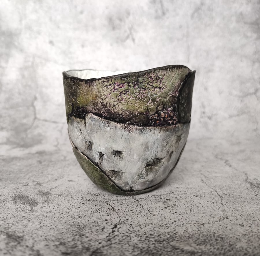 Clay Slab Green Pot, Organic Form, Weathered Vessel, Forest Ceramics