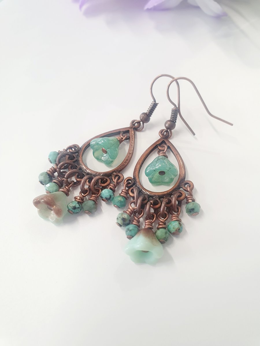 Turquoise Flower Chandelier Earrings in Copper 