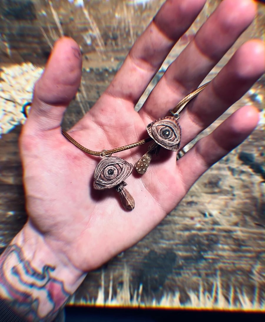 Hand Carved Trippy Mushroom Pendant 