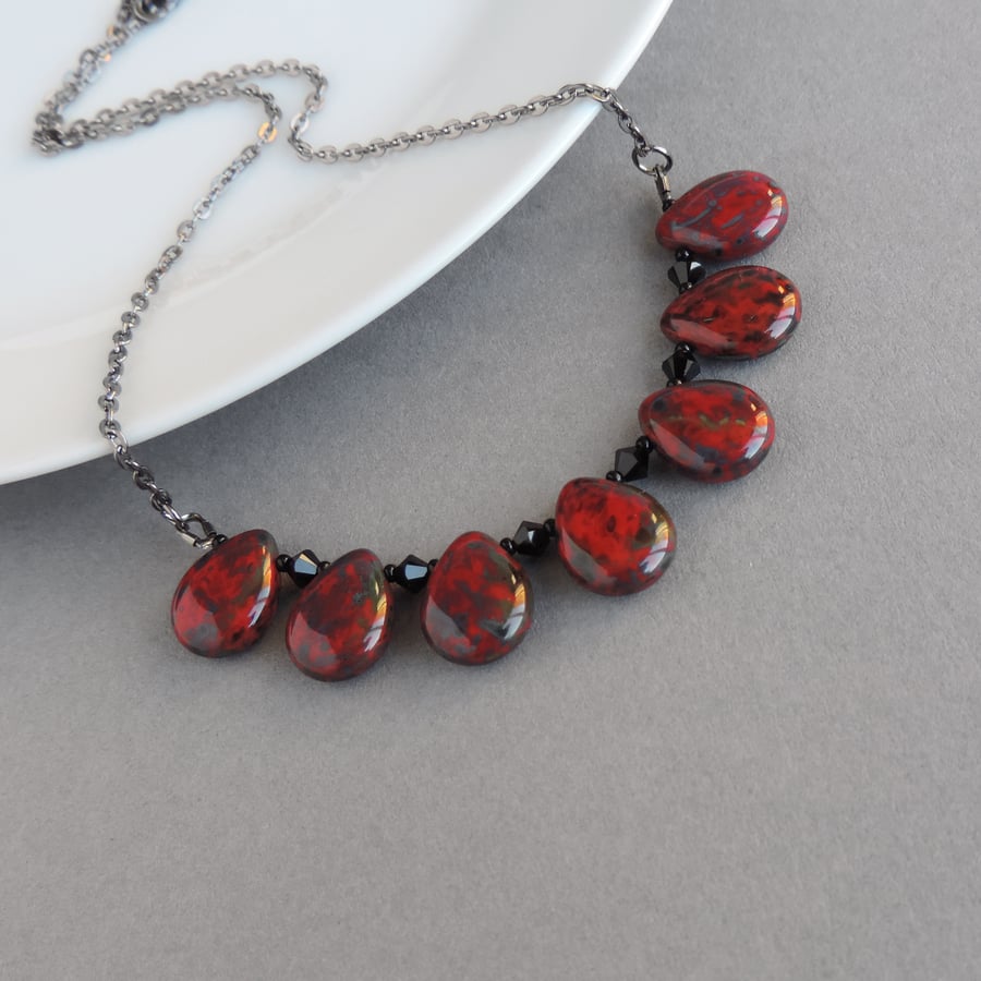 Red and Black Teardrop Fan Necklace - Scarlet Chunky Glass Statement Jewellery