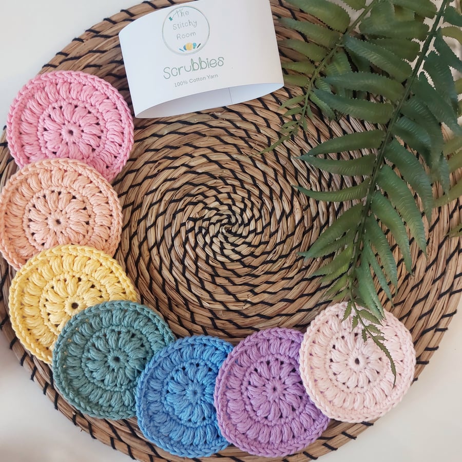 Set of 7 Pastel Rainbow Reusable Cotton Face Scrubbies  