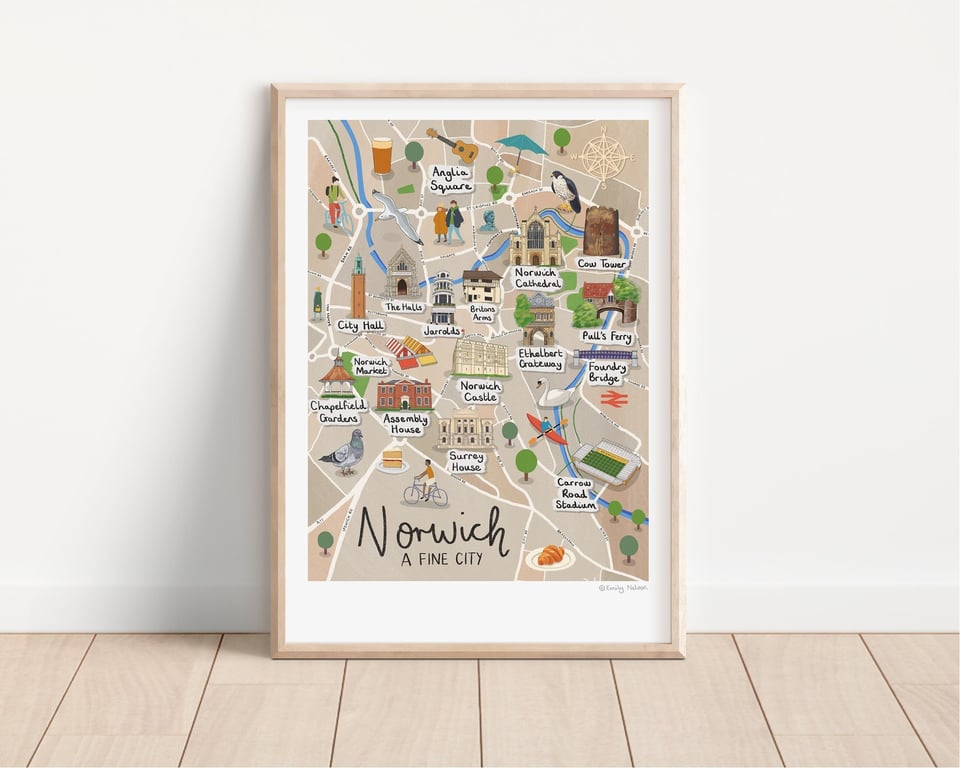 Norwich Illustrated Map Art Print A5, A4, A3