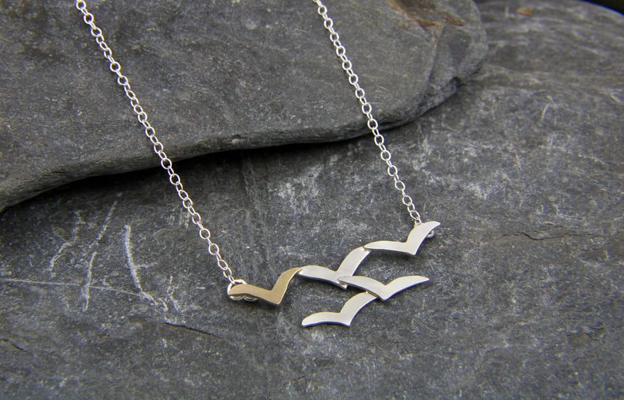 Flock of Seagull Sterling Silver and 9ct Gold Necklace 