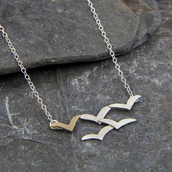 Flock of Seagull Sterling Silver and 9ct Gold Necklace 