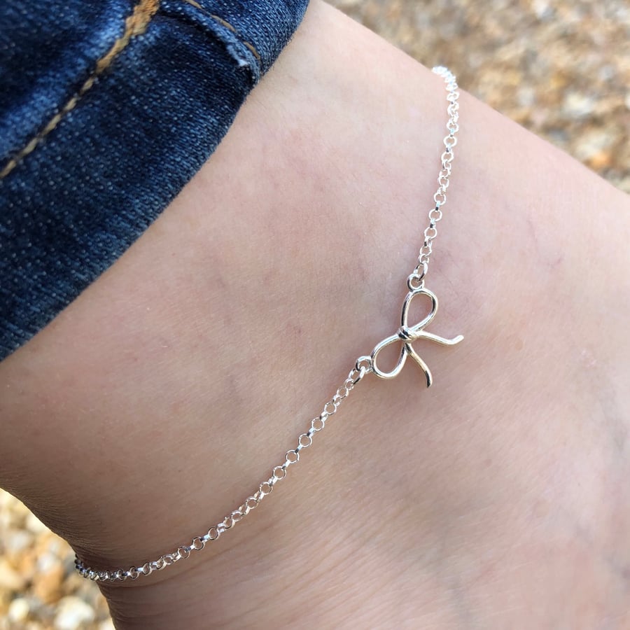 Tied ribbon sterling silver anklet 10 to 11 inches